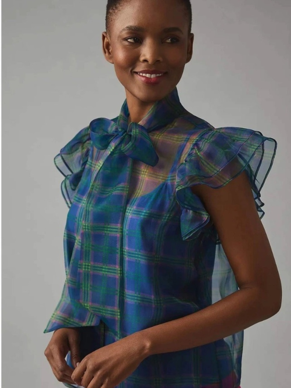 Anthropologie Current Air Blue Green Plaid Chiffon Sheer Bow Ruffle Blouse